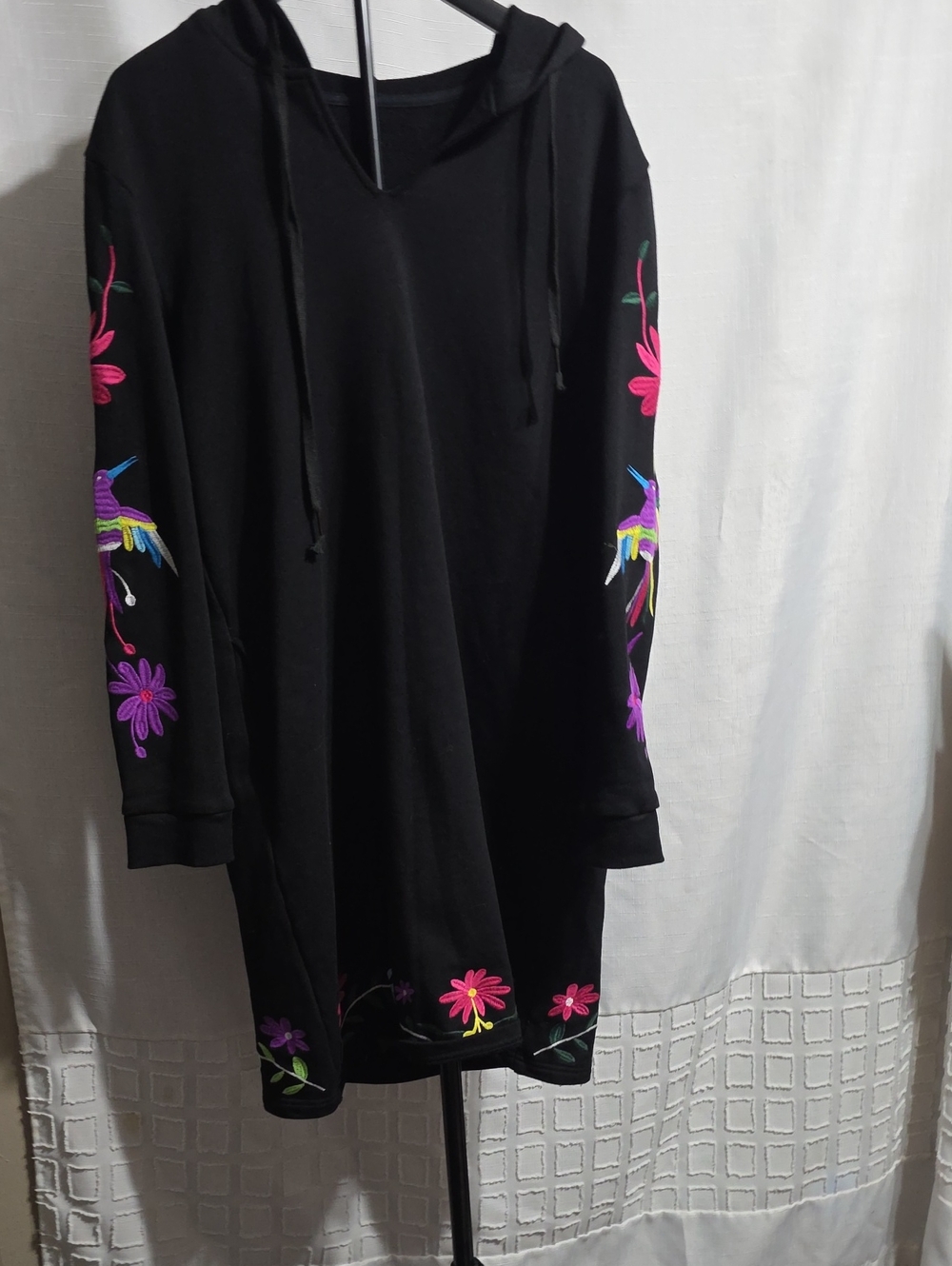 Source Unknown Black Hooded Dress with Colorful Floral & Hummingbird Embroidery